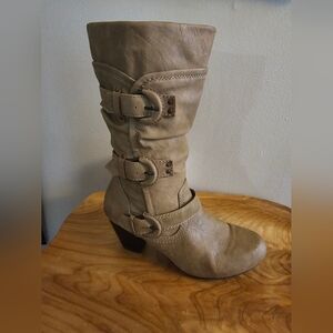 Rialto Tan Heeled Boots with Buckle Detail